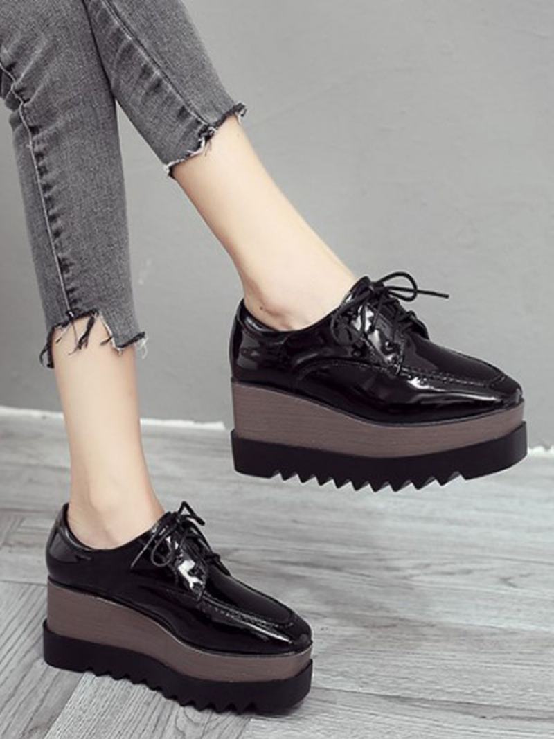 Γυναικεία Lace Up Flatform Oxfords Από Λουστρίνι - Μαύρο