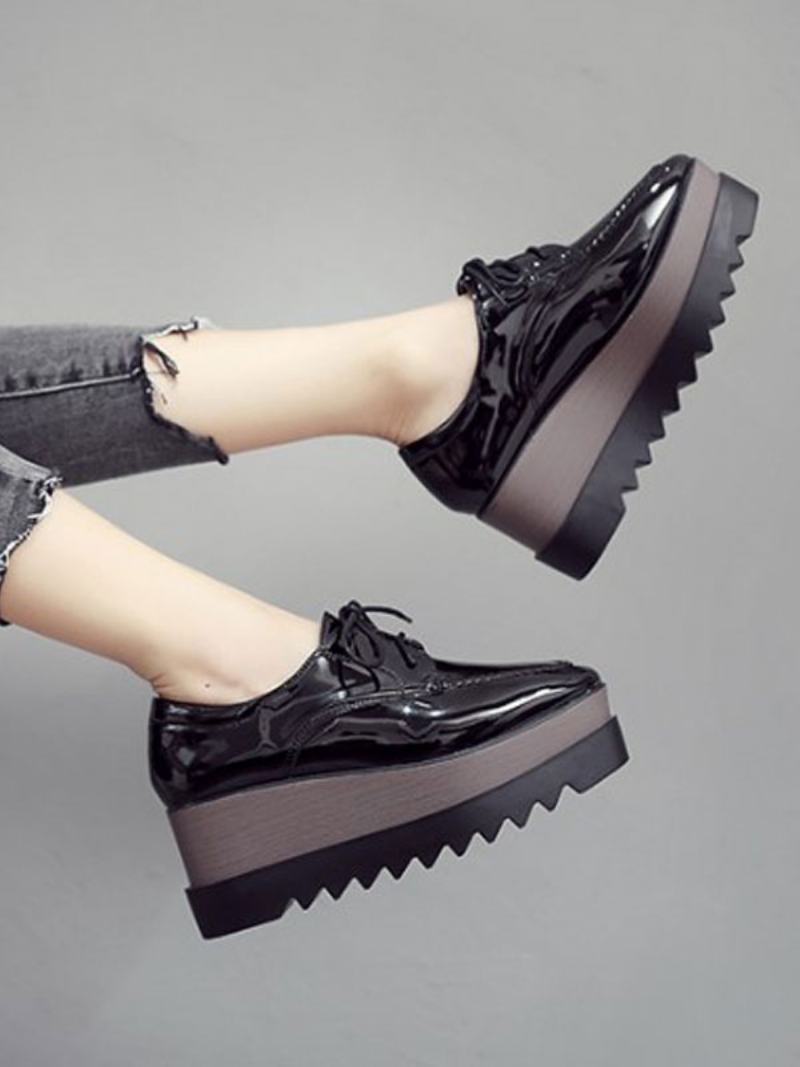 Γυναικεία Lace Up Flatform Oxfords Από Λουστρίνι - Μαύρο