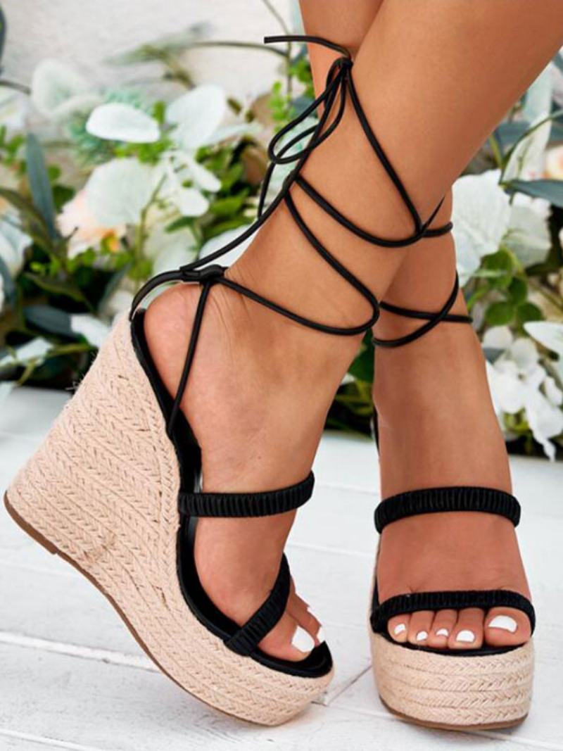 Γυναικεία Lace Up Platform Espadrilles Wedge Σανδάλια - Μαύρο