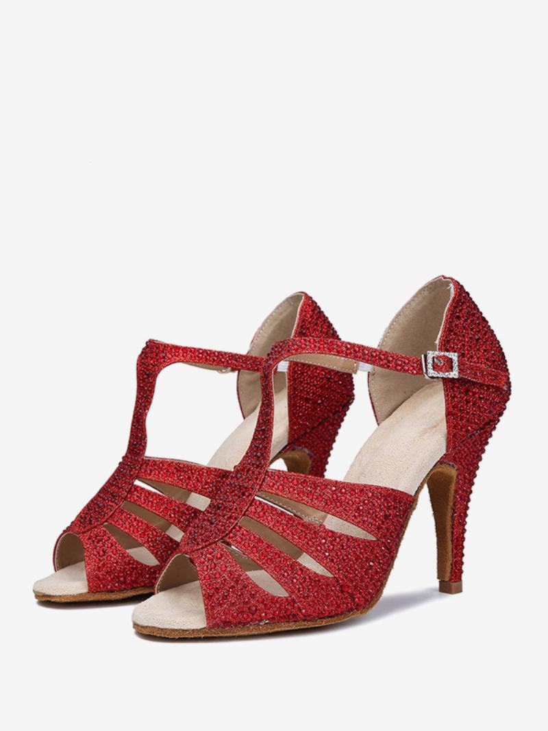 Γυναικεία Latin Dance Παπούτσια Pu Δερμάτινα Red Round Toe Rhinestones Χορού - Κόκκινο