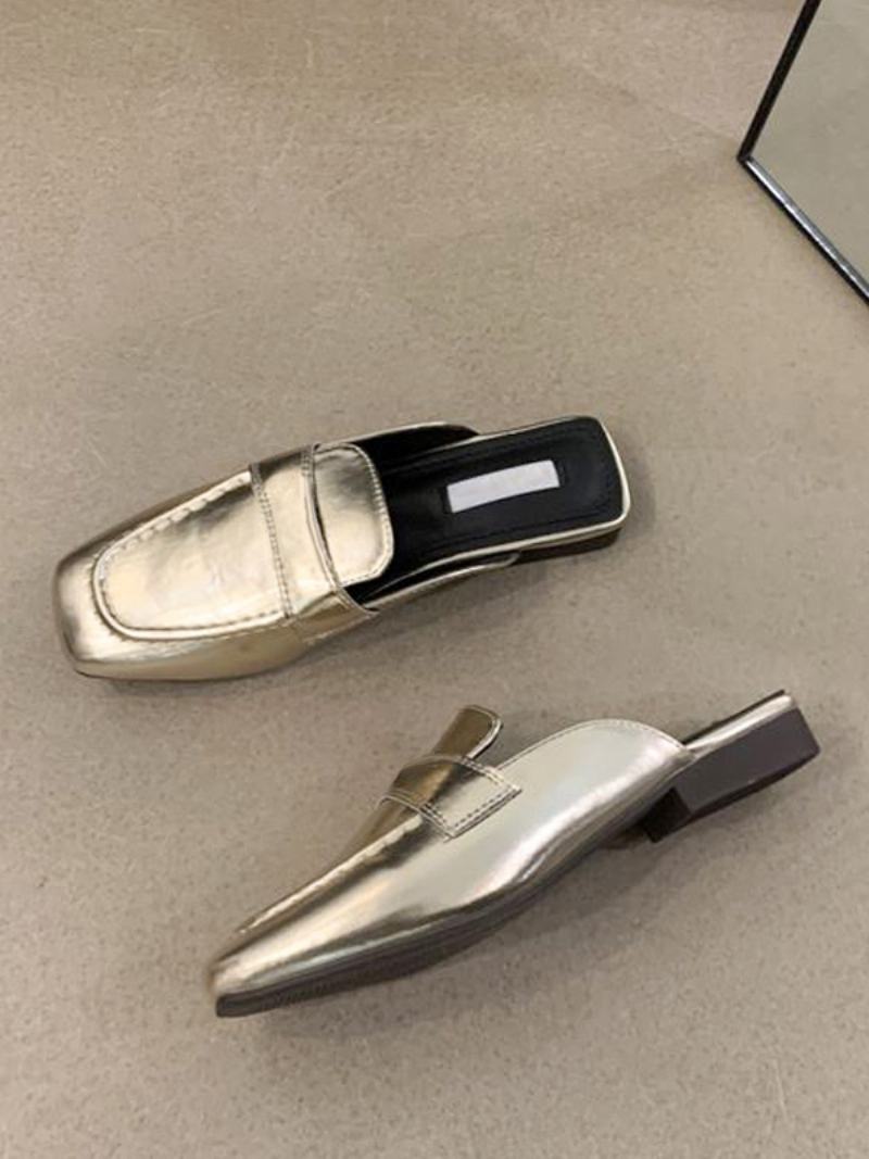 Γυναικεία Loafers White Mules Square Toe Χωρίς Πλάτη - Ανοικτό Χρυσό