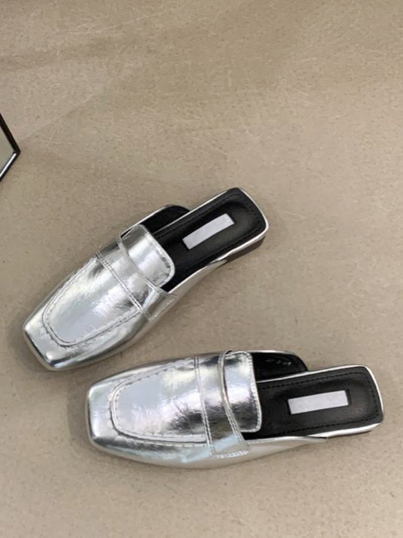 Γυναικεία Loafers White Mules Square Toe Χωρίς Πλάτη - Ασημί