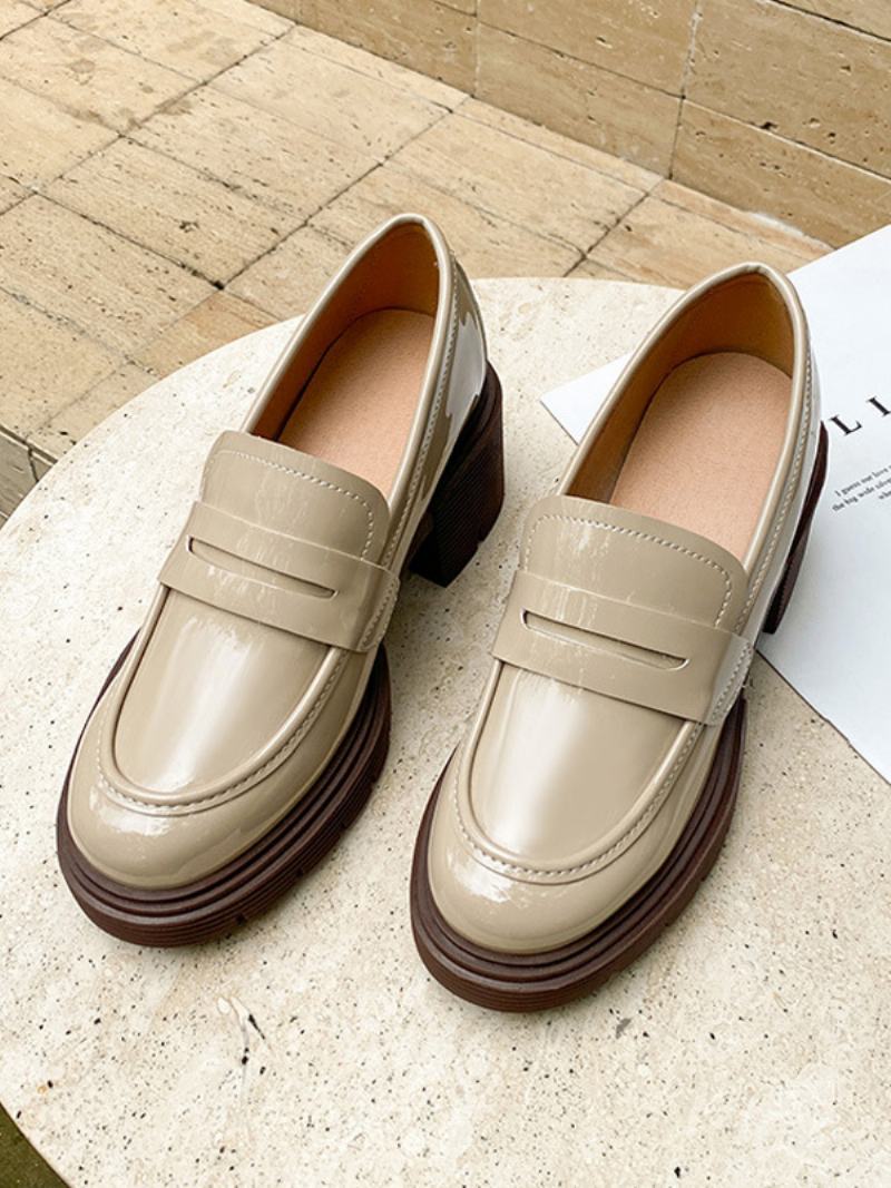 Γυναικεία Loafers Μαύρα Στρογγυλά Δάχτυλα Με Χοντρό Τακούνι Pu Πατέντα - Μπεζ