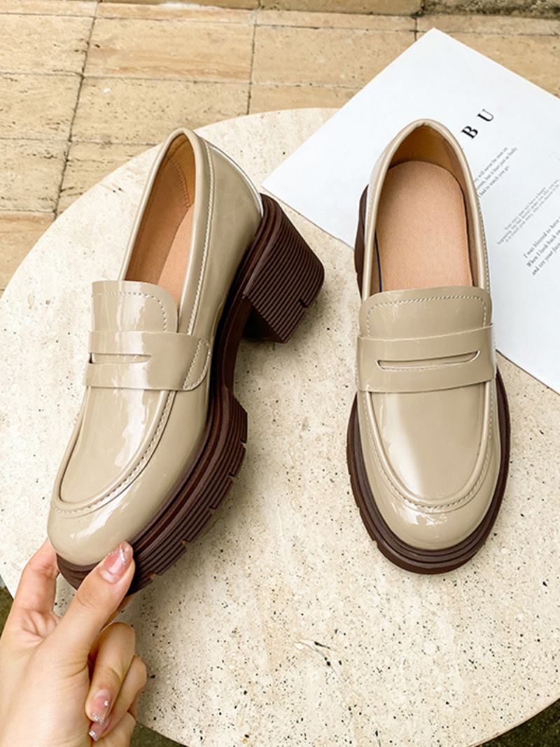 Γυναικεία Loafers Μαύρα Στρογγυλά Δάχτυλα Με Χοντρό Τακούνι Pu Πατέντα - Μπεζ