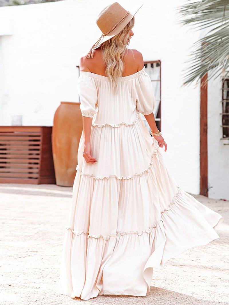 Γυναικεία Maxi Dress Off The Shoulder Ruffles Διακοσμητικά Casual Καλοκαιρινά Μακριά Φορέματα - Ροζ