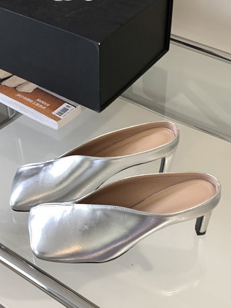 Γυναικεία Metallic Mules Champagne Stiletto Heel - Ασημί