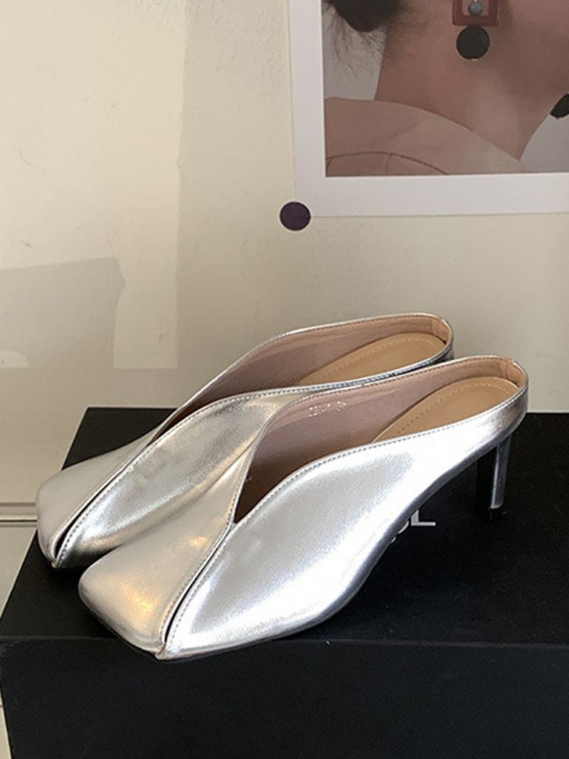 Γυναικεία Metallic Mules Champagne Stiletto Heel - Ασημί