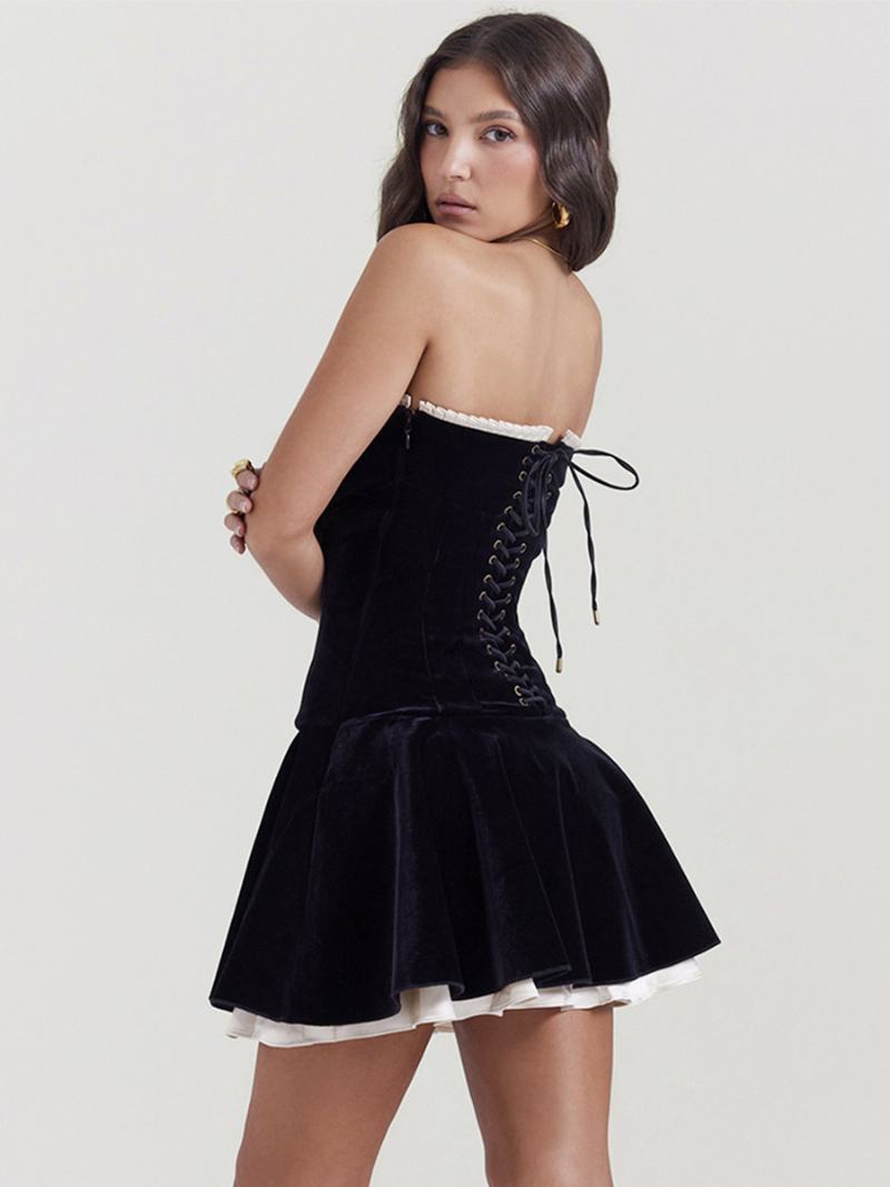 Γυναικεία Mini Peplum Φόρεμα Off The Shoulder Lace-up Back Contrast Κοντά Φορέματα - Μαύρος