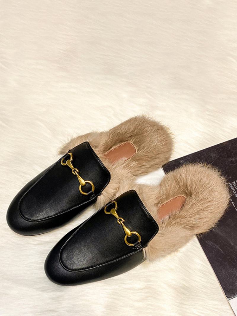 Γυναικεία Mule Loafers Μαύρα Στρογγυλά Παπούτσια Από Ψεύτικη Γούνα Λεπτομέρεια Χωρίς Πλάτη