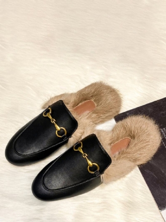 Γυναικεία Mule Loafers Μαύρα Στρογγυλά Παπούτσια Από Ψεύτικη Γούνα Λεπτομέρεια Χωρίς Πλάτη