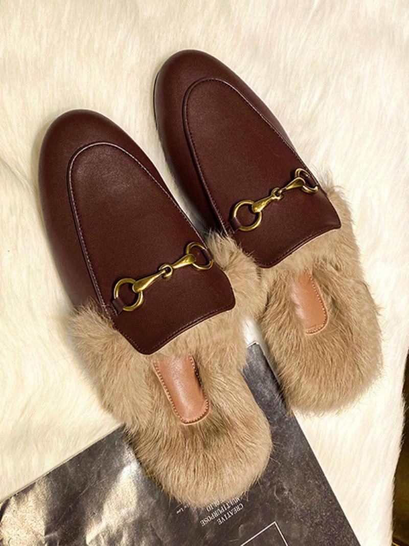 Γυναικεία Mule Loafers Μαύρα Στρογγυλά Παπούτσια Από Ψεύτικη Γούνα Λεπτομέρεια Χωρίς Πλάτη - Καφέ Καφέ