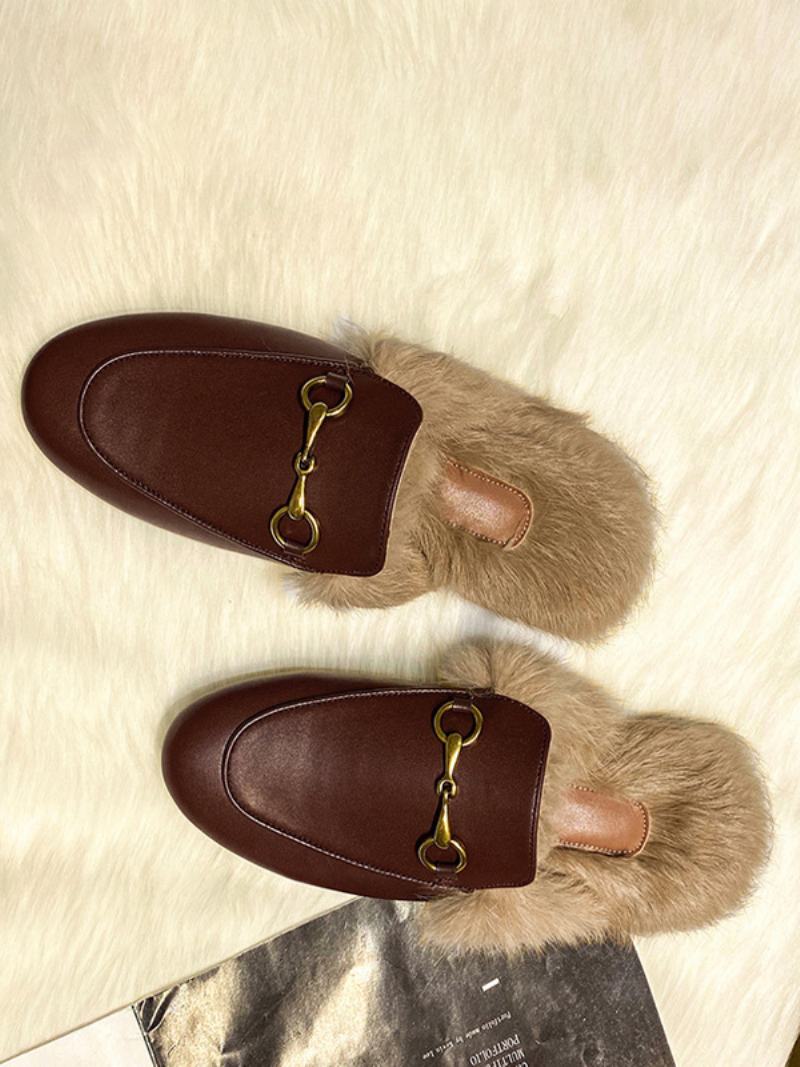 Γυναικεία Mule Loafers Μαύρα Στρογγυλά Παπούτσια Από Ψεύτικη Γούνα Λεπτομέρεια Χωρίς Πλάτη - Καφέ Καφέ