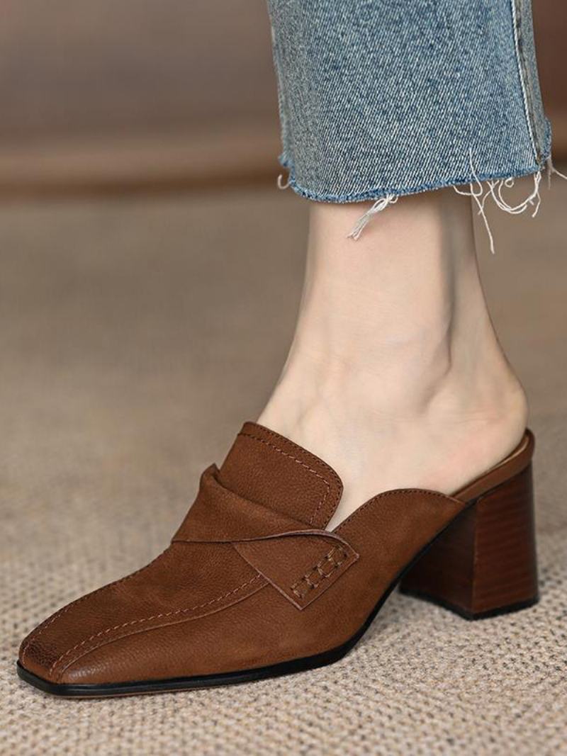 Γυναικεία Mule Loafers Χοντρό Τακούνι Με Τετράγωνο Δάχτυλο Χωρίς Πλάτη - Καφέ Καφέ