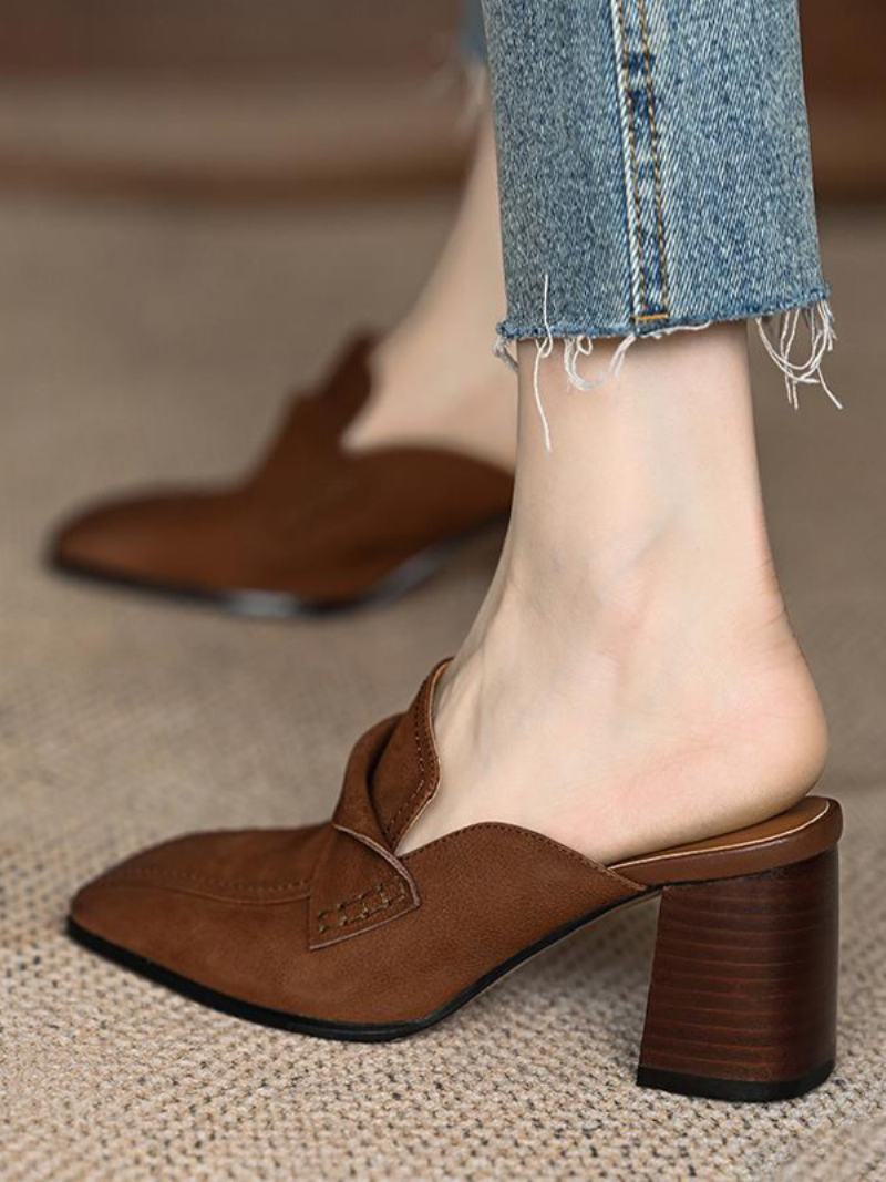 Γυναικεία Mule Loafers Χοντρό Τακούνι Με Τετράγωνο Δάχτυλο Χωρίς Πλάτη - Καφέ Καφέ