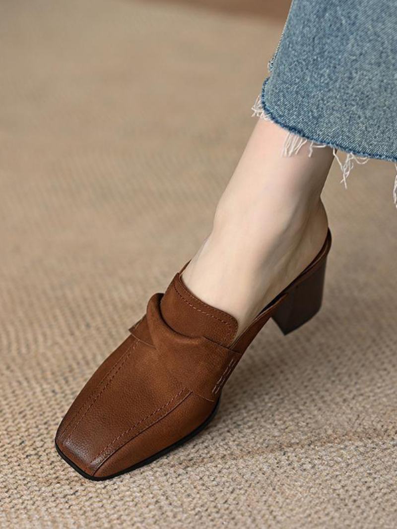 Γυναικεία Mule Loafers Χοντρό Τακούνι Με Τετράγωνο Δάχτυλο Χωρίς Πλάτη - Καφέ Καφέ