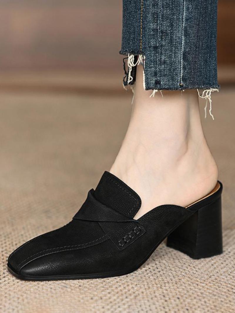 Γυναικεία Mule Loafers Χοντρό Τακούνι Με Τετράγωνο Δάχτυλο Χωρίς Πλάτη - Μαύρο