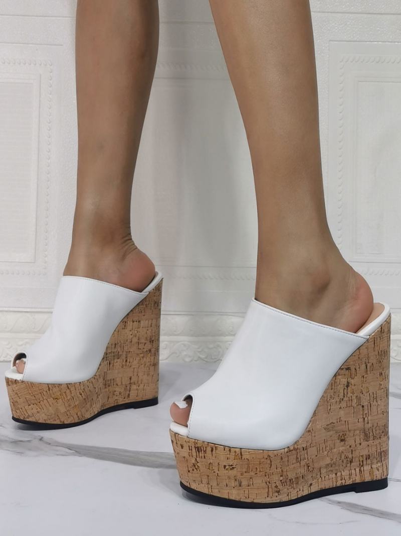 Γυναικεία Peep Toe Platform Wedge Mules - Άσπρο