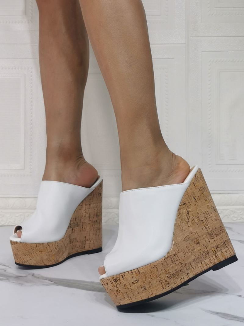 Γυναικεία Peep Toe Platform Wedge Mules - Άσπρο