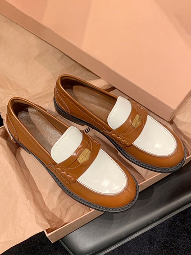 Γυναικεία Penny Loafers Round Toe Slip On Επίπεδα Παπούτσια - Καφέ Καφέ