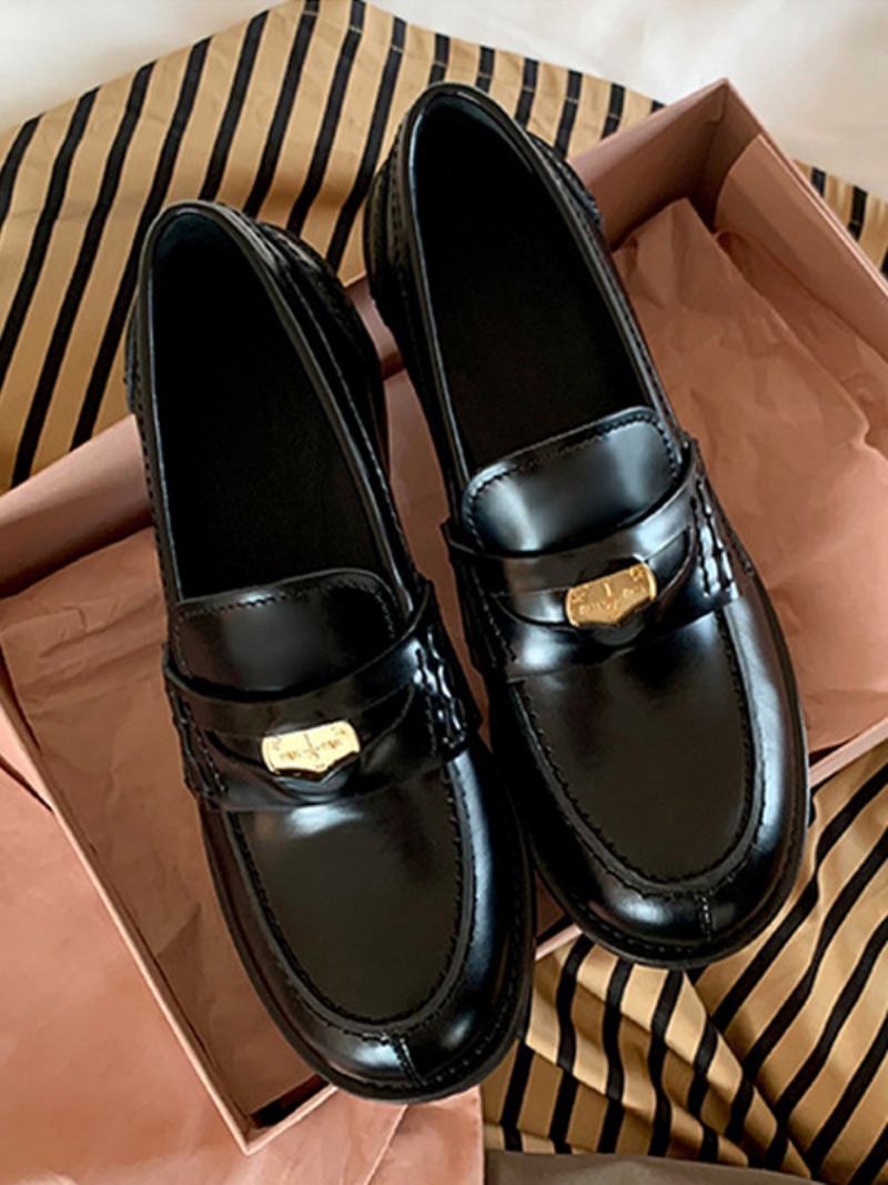 Γυναικεία Penny Loafers Round Toe Slip On Επίπεδα Παπούτσια - Μαύρο