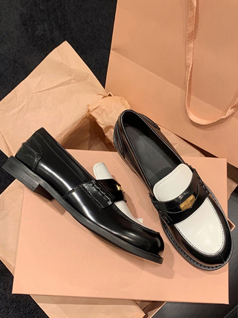 Γυναικεία Penny Loafers Round Toe Slip On Επίπεδα Παπούτσια - Μαύρο+Λευκό