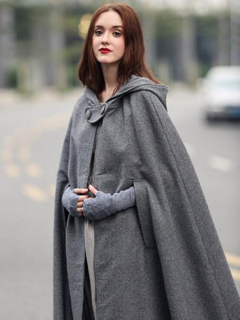 Γυναικεία Poncho Hooded Hunter Green Oversized Cape - Γκρι