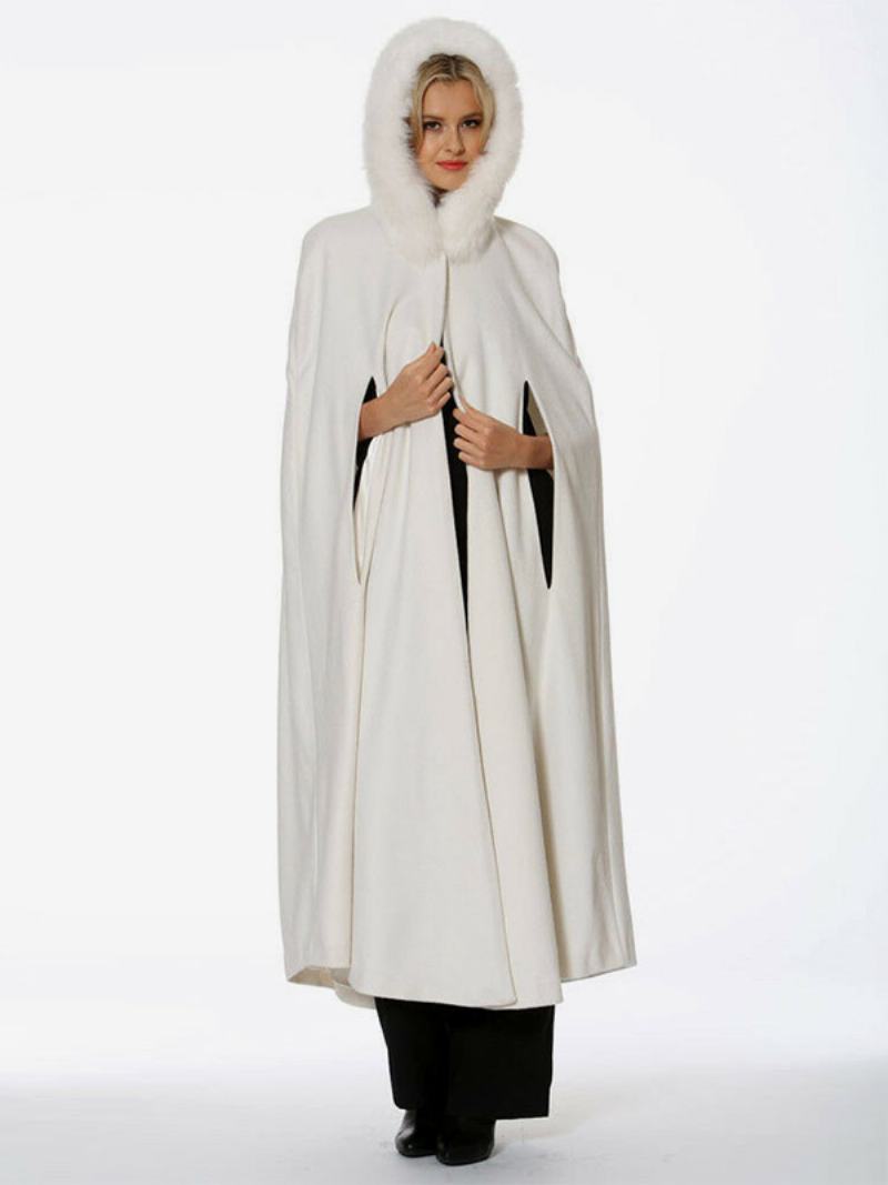 Γυναικεία Poncho Με Κουκούλα Ivory Oversized Από Ψεύτικη Γούνα Cape Outerwear - Ελεφαντόδοντο