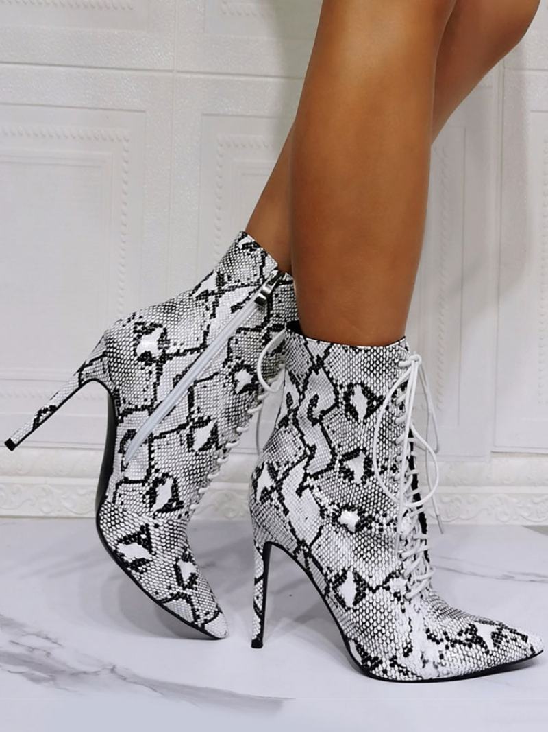 Γυναικεία Python Lace Up Μποτάκια Στον Αστράγαλο Stiletto Heel Grey - Πύθων