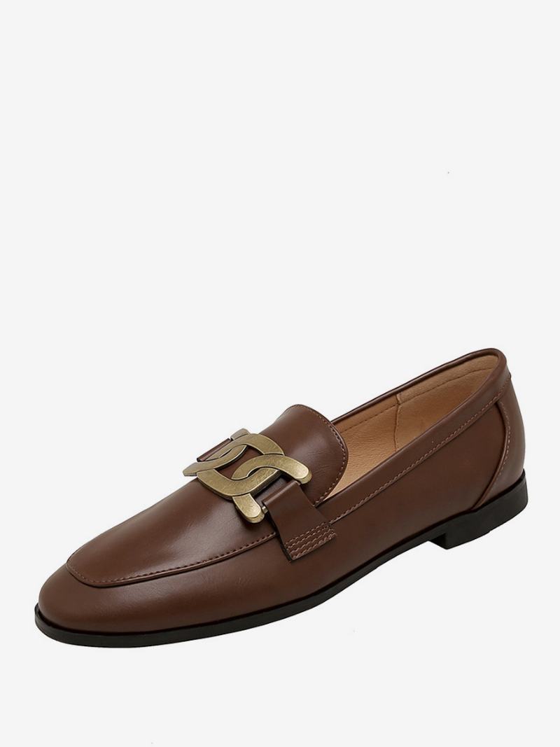 Γυναικεία Slip On Loafers Λευκά Στρογγυλά Ίσια Παπούτσια - Καφέ Καφέ