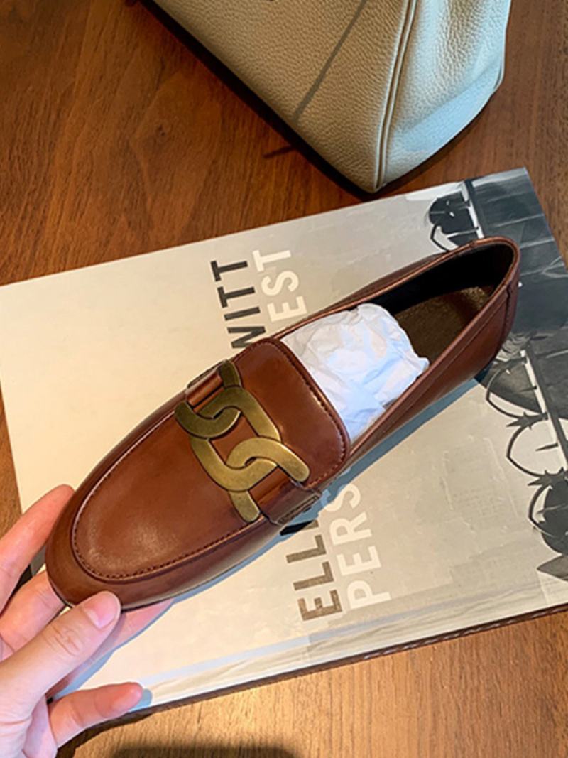 Γυναικεία Slip On Loafers Λευκά Στρογγυλά Ίσια Παπούτσια - Καφέ Καφέ