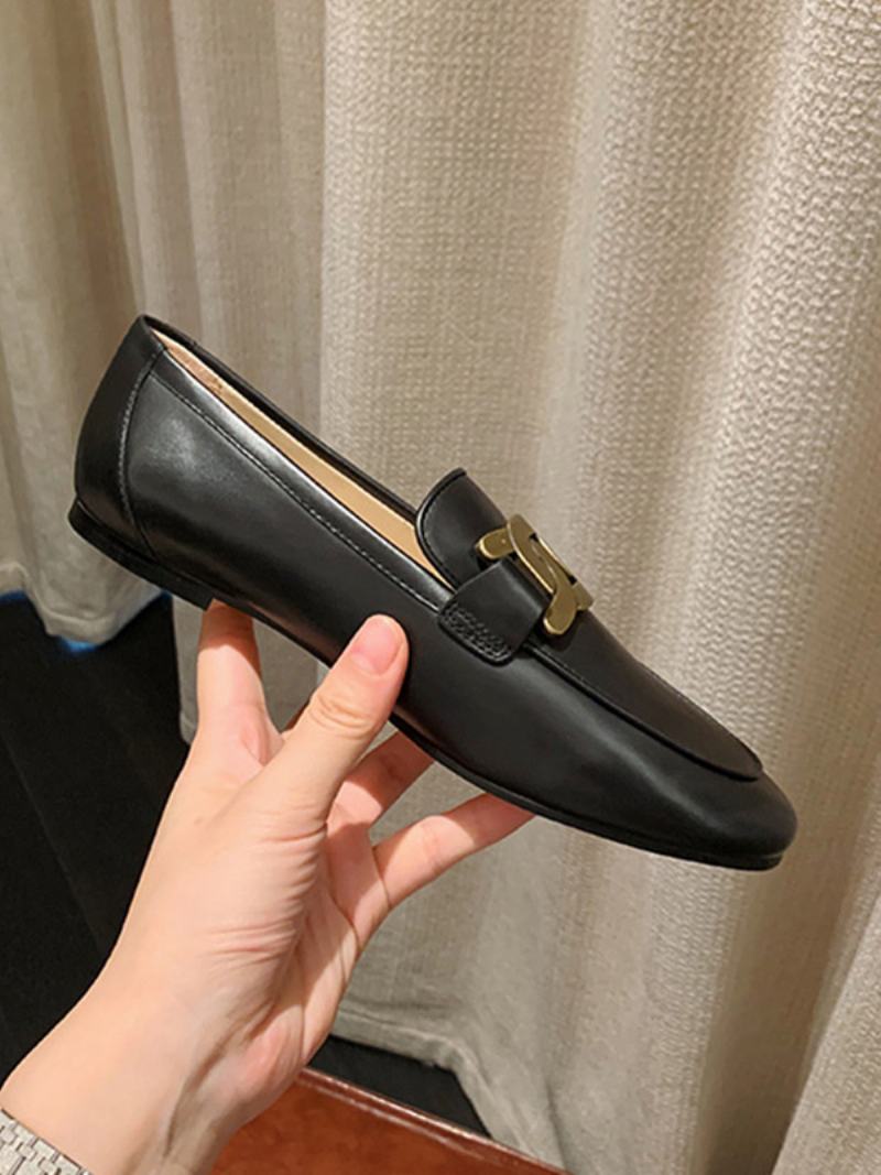 Γυναικεία Slip On Loafers Λευκά Στρογγυλά Ίσια Παπούτσια - Μαύρο