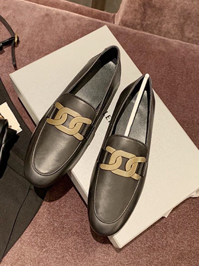 Γυναικεία Slip On Loafers Λευκά Στρογγυλά Ίσια Παπούτσια - Μαύρο