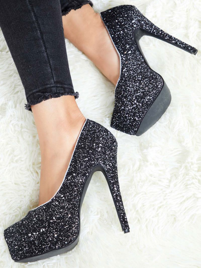 Γυναικεία Sparkly Platform Pumps Μαύρα Παπούτσια Prom Για Πάρτι Ψηλοτάκουνα