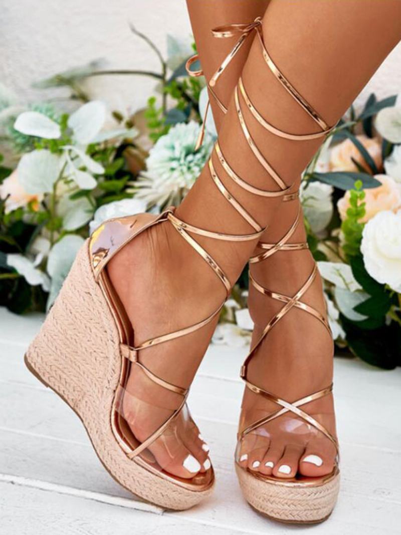 Γυναικεία Strappy Platform Wedge Σανδάλια - Χρυσό