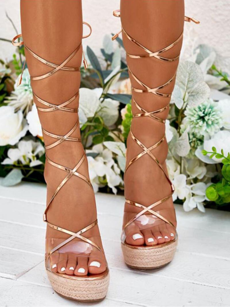 Γυναικεία Strappy Platform Wedge Σανδάλια - Χρυσό