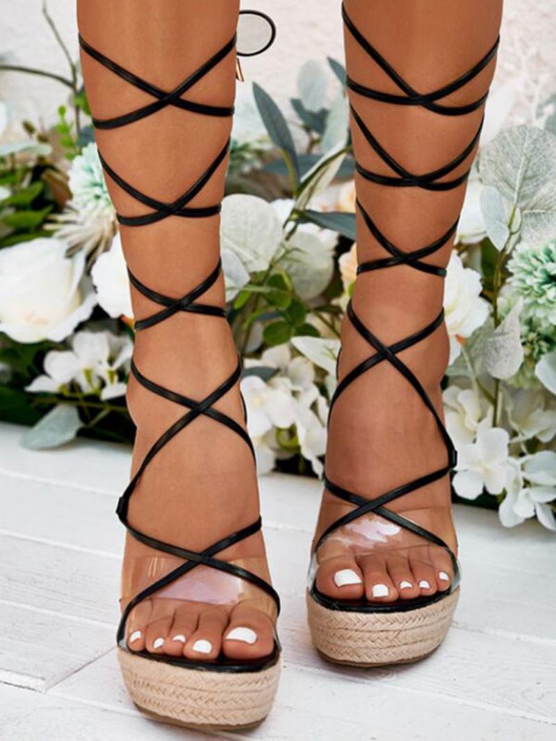 Γυναικεία Strappy Platform Wedge Σανδάλια - Μαύρο