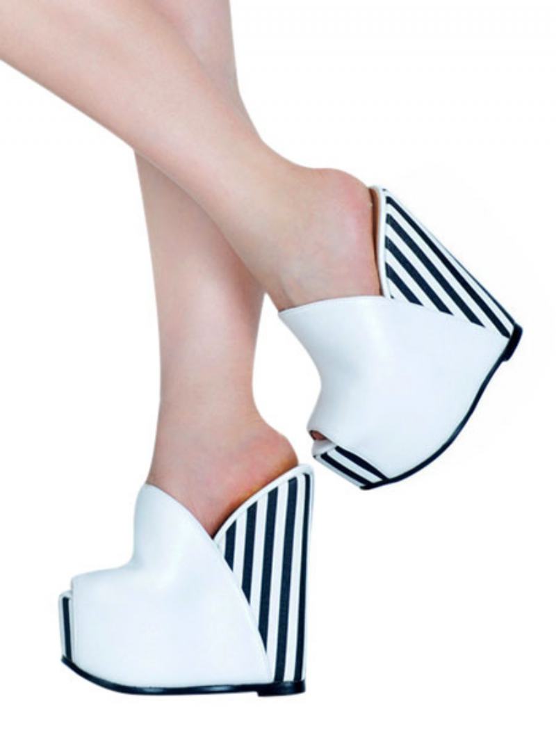 Γυναικεία Stripes Platform Wedge Mules - Άσπρο