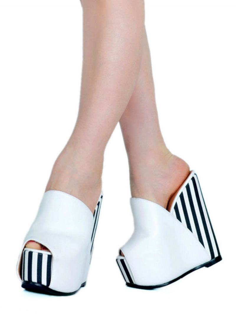 Γυναικεία Stripes Platform Wedge Mules - Άσπρο