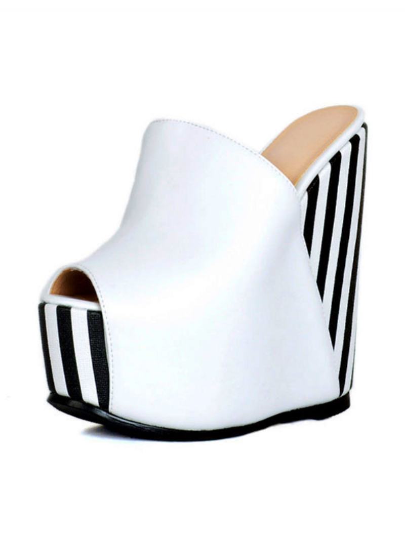 Γυναικεία Stripes Platform Wedge Mules - Άσπρο