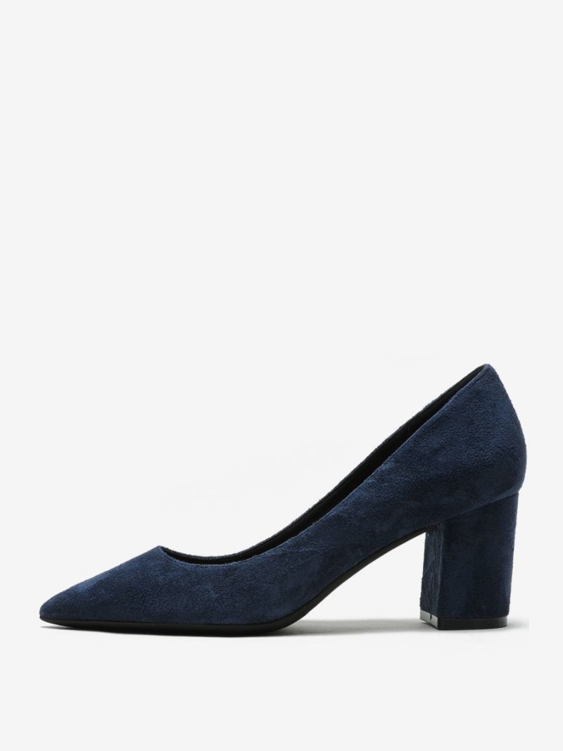 Γυναικεία Suede Block Heel Pumps Καφέ Μυτερό Slip On Heels - Βαθύ Μπλε