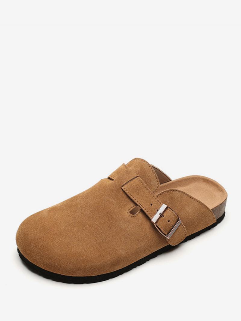 Γυναικεία Suede Mules Στρογγυλά Flat Casual Παπούτσια - Βαθύ Ανοιχτό Κίτρινο