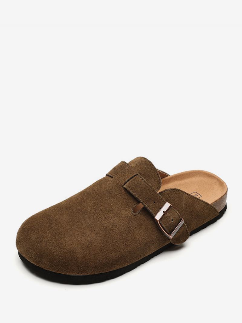 Γυναικεία Suede Mules Στρογγυλά Flat Casual Παπούτσια - Ελαιά