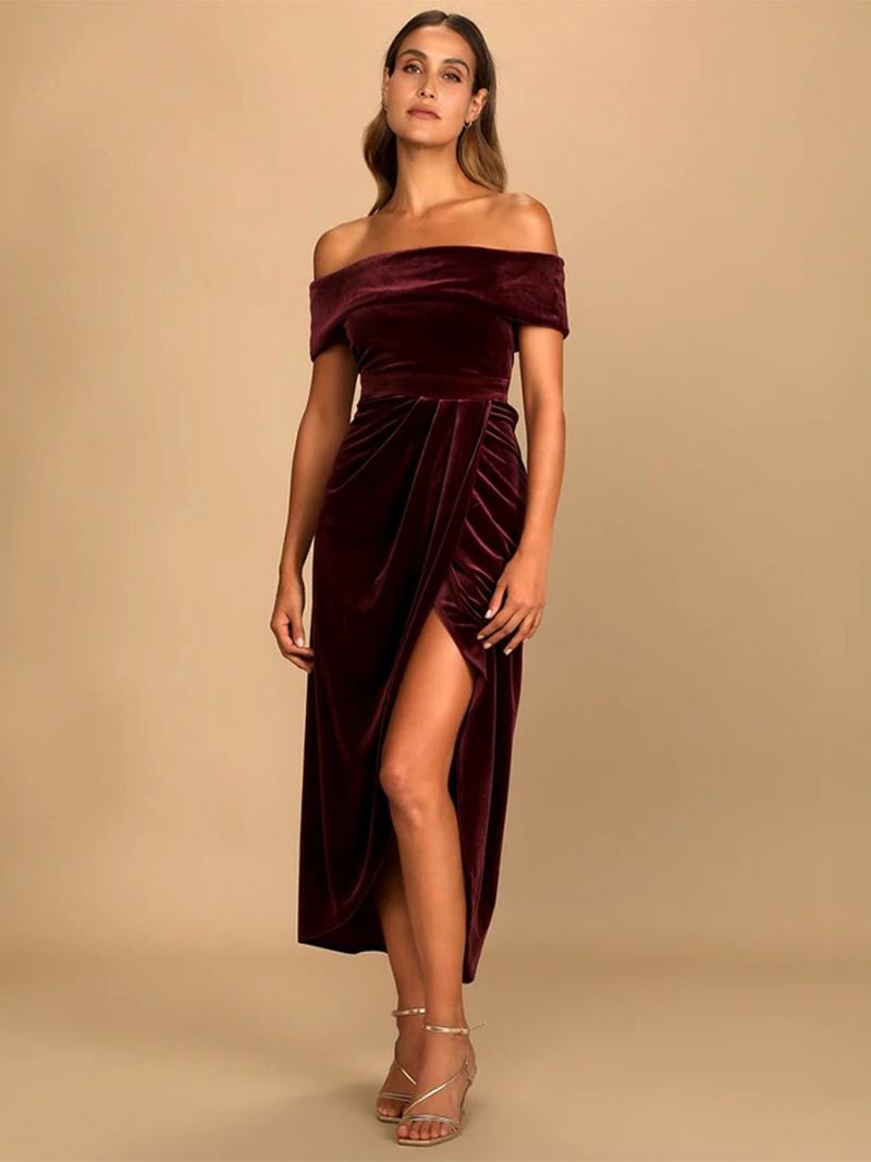 Γυναικεία Velvet Maxi Dress Off Shoulder High Slit Pleated Cocktail Dresses Prom