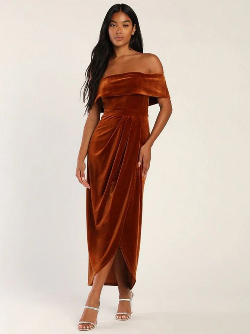 Γυναικεία Velvet Maxi Dress Off Shoulder High Slit Pleated Cocktail Dresses Prom - Καφέ Ανοιχτό