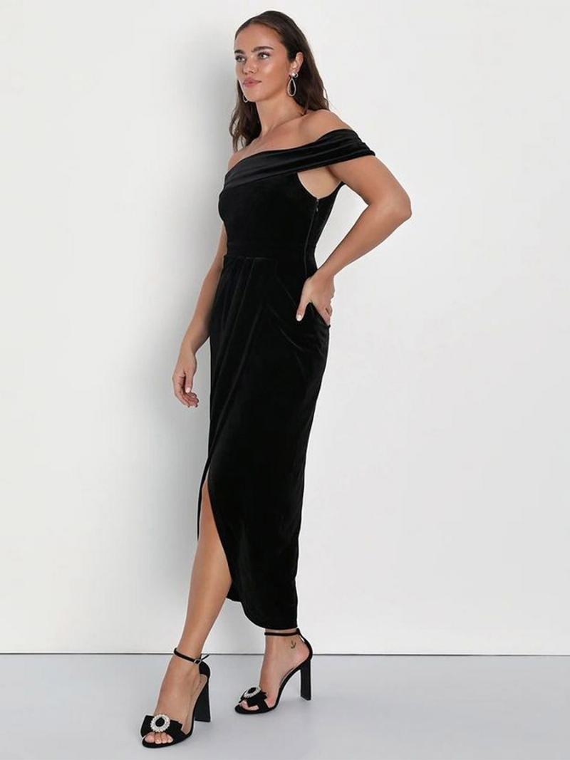 Γυναικεία Velvet Maxi Dress Off Shoulder High Slit Pleated Cocktail Dresses Prom - Μαύρο