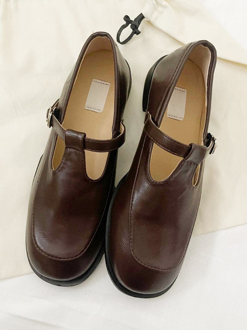 Γυναικεία Vintage Loafers Suqare Toe Buckle Puppy Heel