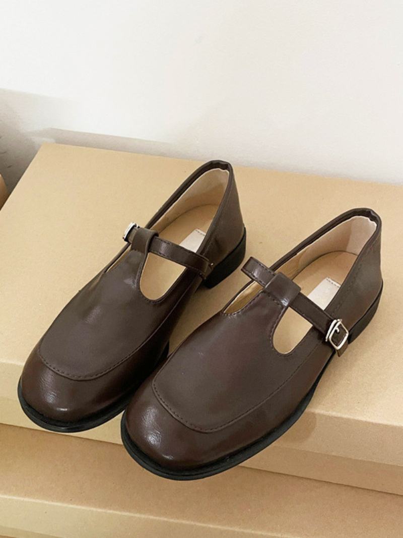 Γυναικεία Vintage Loafers Suqare Toe Buckle Puppy Heel - Καφέ Καφέ