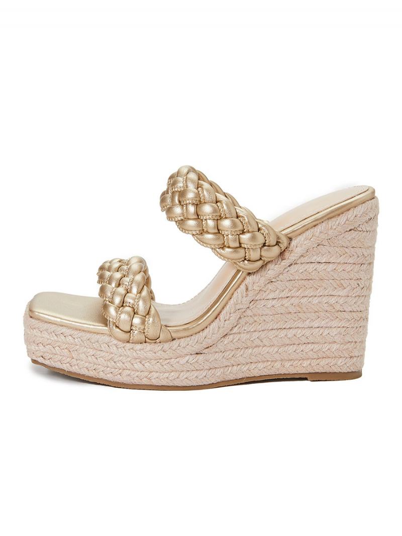 Γυναικεία Wedge Heeled Mules Slip On Square Toe Pu Δερμάτινα Ανοιχτά Ξανθά Boho Γαμήλια Σανδάλια