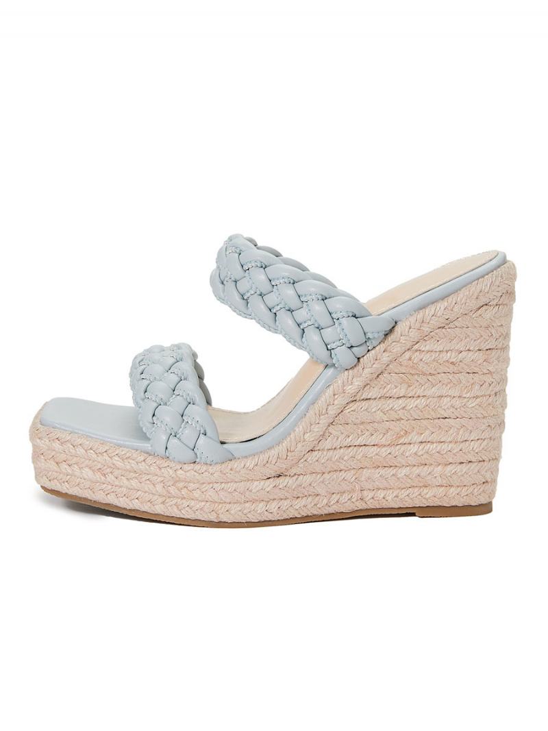 Γυναικεία Wedge Heeled Mules Slip On Square Toe Pu Δερμάτινα Ανοιχτά Ξανθά Boho Γαμήλια Σανδάλια - Baby Blue