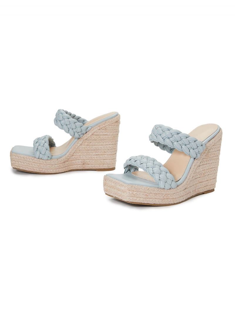 Γυναικεία Wedge Heeled Mules Slip On Square Toe Pu Δερμάτινα Ανοιχτά Ξανθά Boho Γαμήλια Σανδάλια - Baby Blue